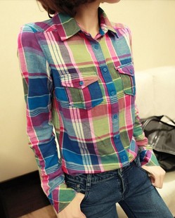 2013秋装新款韩版修身大码女格子衬衫长袖格子衬衣
