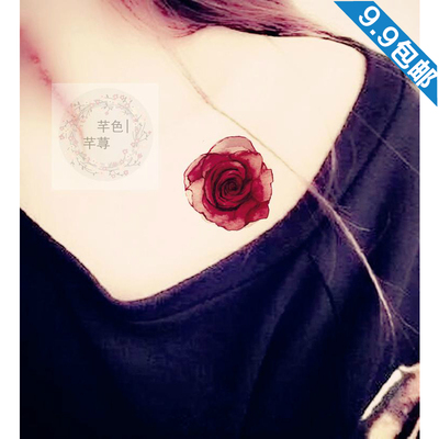 9元包邮 梦幻水墨染酒红色玫瑰花防水纹身贴纸女款锁骨腰部贴