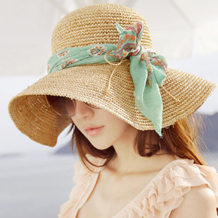韩版女士拉菲草遮阳帽草帽沙滩帽太阳帽大沿度假旅游夏天