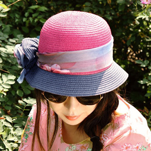 韩版女士双色甜美草帽渔夫帽遮阳帽花朵太阳帽出游度假
