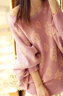 2013新款韩版甜美优雅OL轻熟女浅紫色大圆领蝙蝠袖长袖毛衣