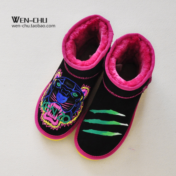 2015冬季雪地靴短筒女学生韩版潮短靴平底皮手绘涂鸦棉鞋平底短靴
