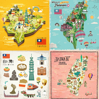 台湾美食地图扁平化手绘旅游文化101大楼元素矢量设计