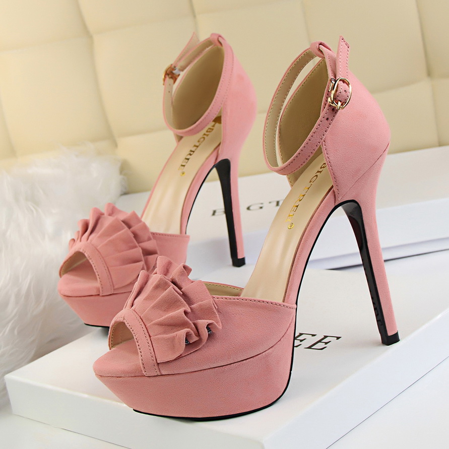2760-2 han edition sweet high heels high with waterproof suede hollow-out bowknot fish mouth one word with sandals