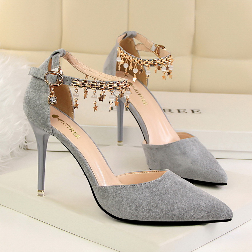 6228-1 han edition shoes high heel with suede shallow mouth pointed hollow metal chain decoration one word with sandals