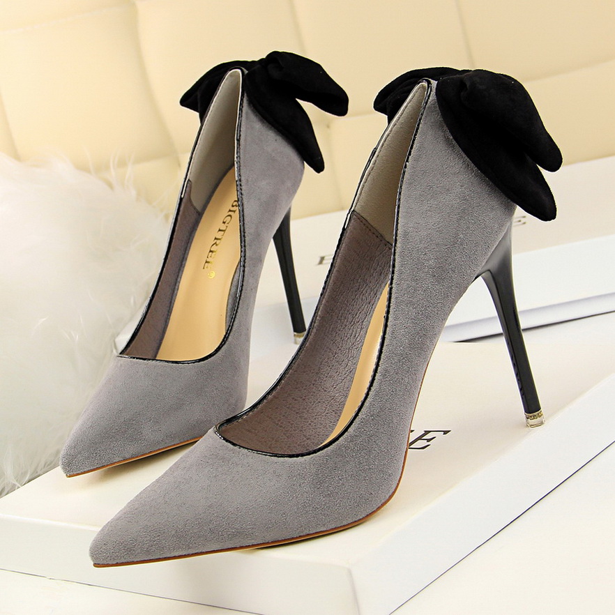 1717-11 han edition delicate high-heeled shoes high heel with shallow mouth sweet pointed suede bow after women’s shoes