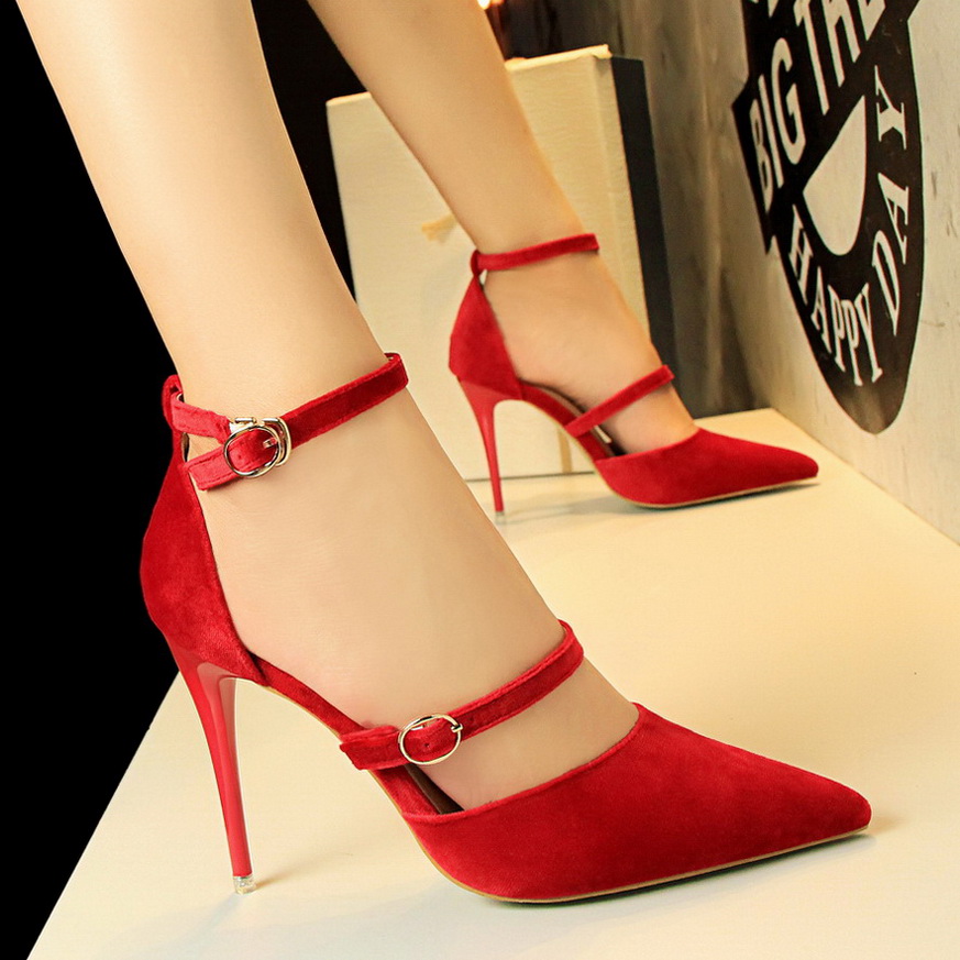 1627-3 han edition high-heeled shoes high heel with suede shallow mouth pointed sexy nightclub show thin one word with s
