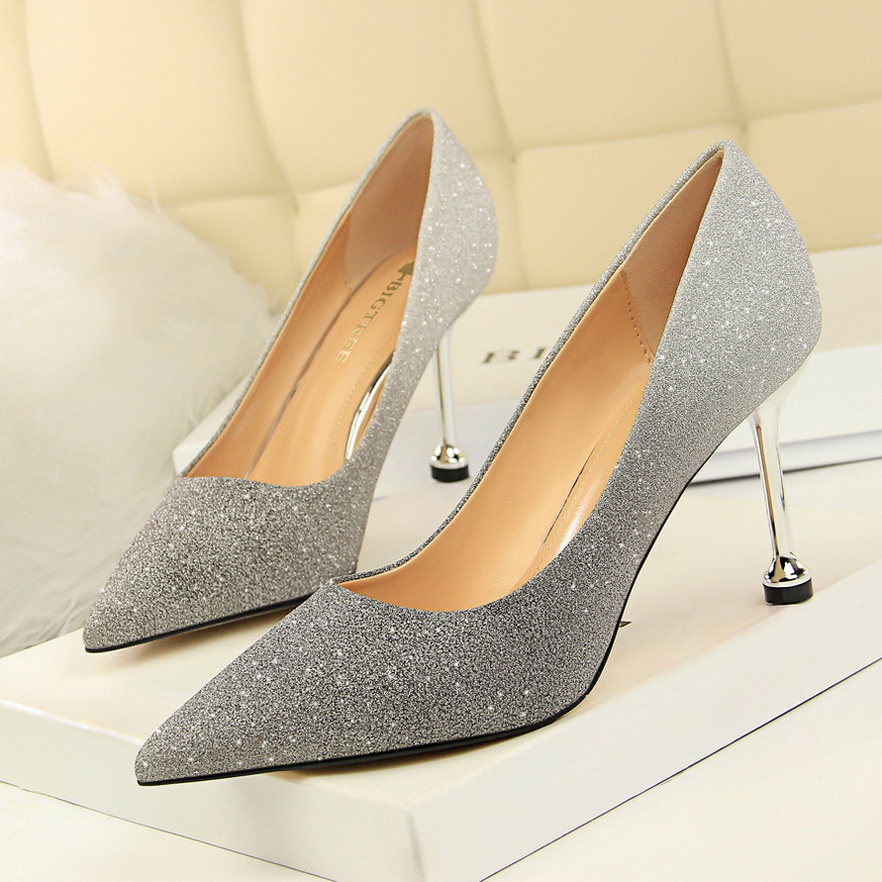 0755-1 han edition style high heel with shallow pointed mouth shining color gradient color matching single shoe heels fo