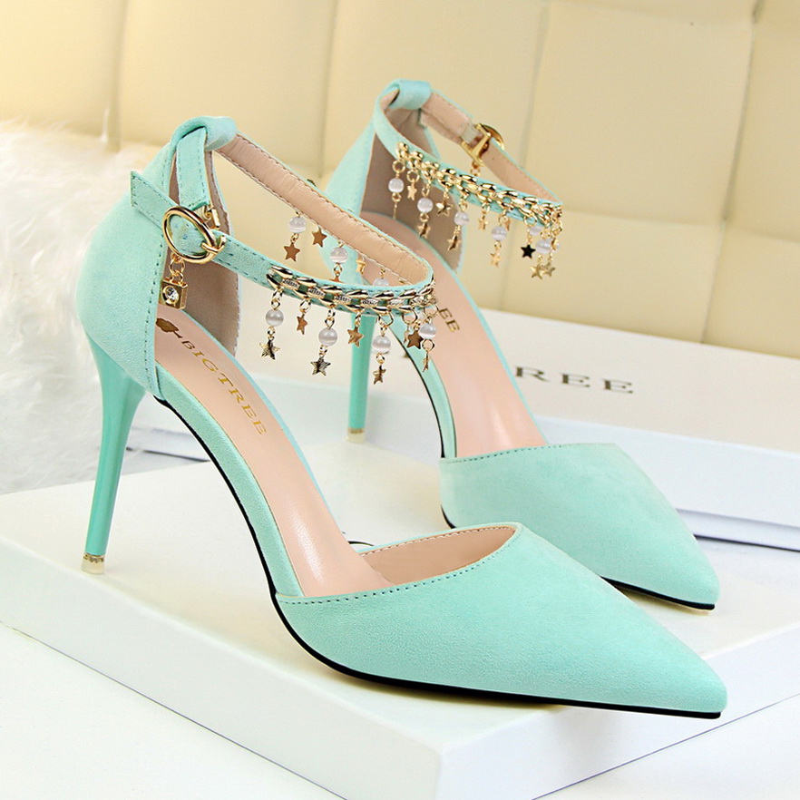 6228-1 han edition shoes high heel with suede shallow mouth pointed hollow metal chain decoration one word with sandals