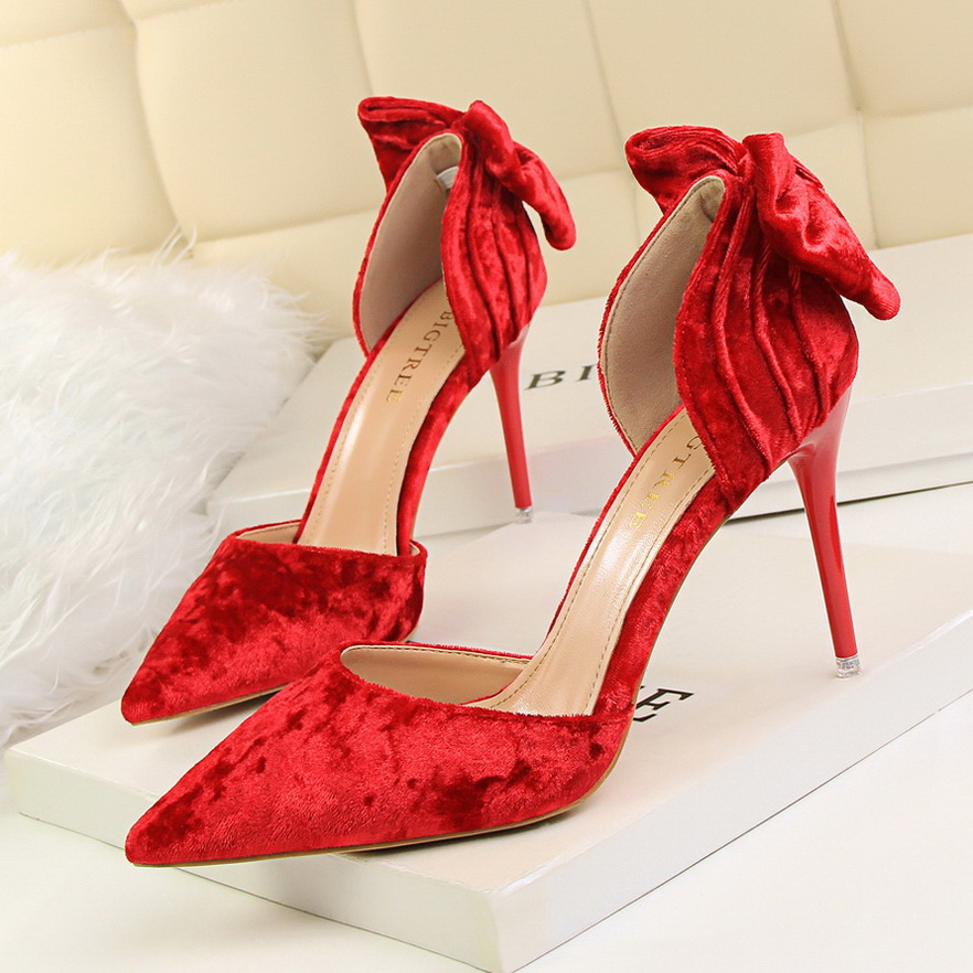 923-2 han edition fashion high-heeled shoes high heel with suede shallow mouth sweet pointed hollow out after the bowkno