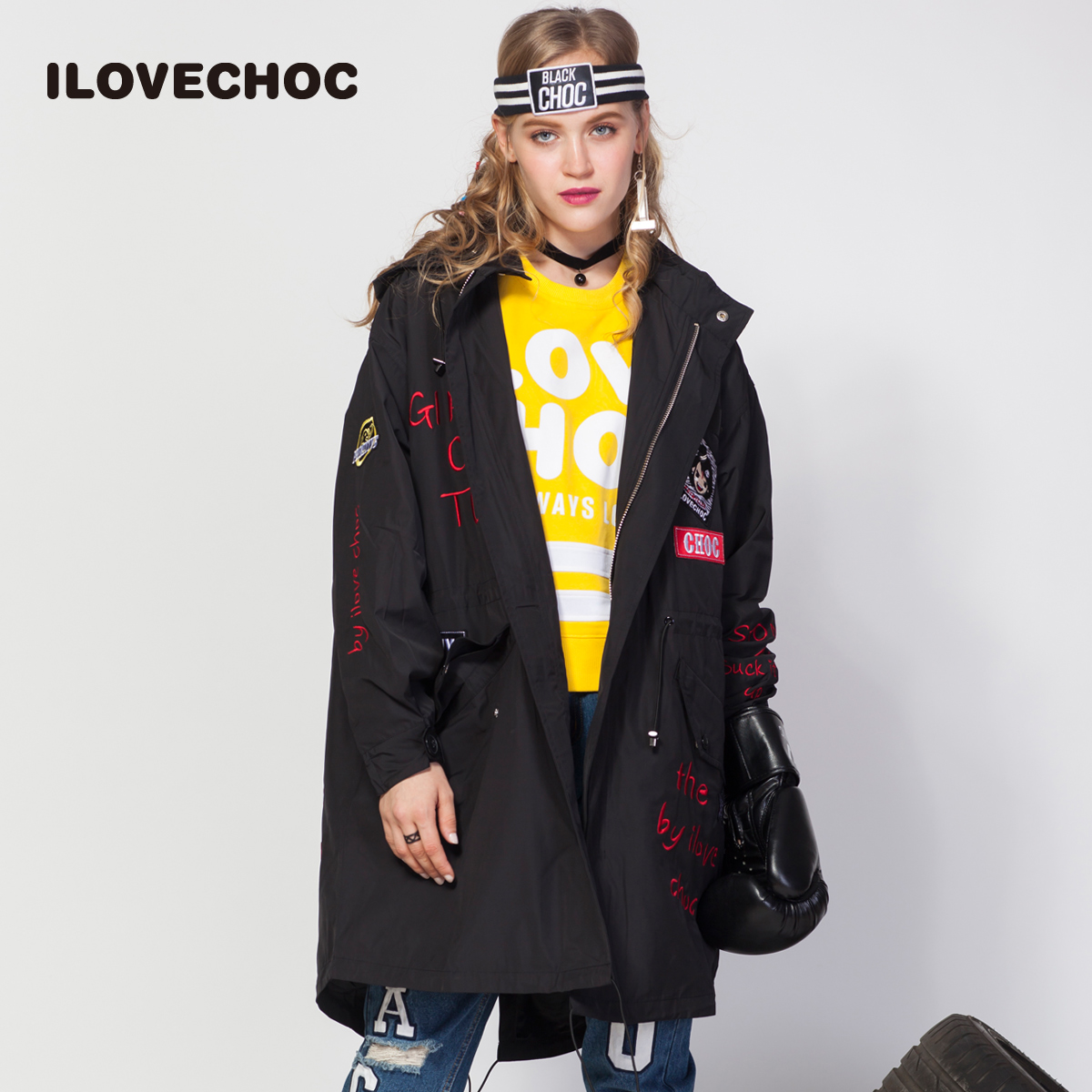 ilovechoc我爱巧克力 2017冬季新款 中长款帅气潮流连帽风衣女