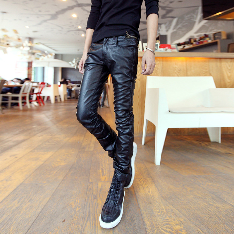 Купить Кожаные брюки Зимние кожаные мужские брюки маленькие ноги узкие  приталенный Fit брюки искусственная кожа прям теплый карандаш брюки Мото  корейской версии случайные прилива Others PU в интернет-магазине с Таобао  (Taobao) из