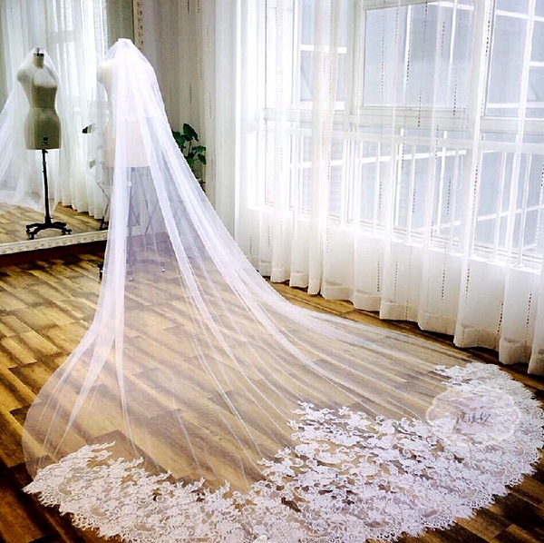 fashion韩式婚纱超长3米高档法国蕾丝定制头纱新娘结婚拖尾头纱