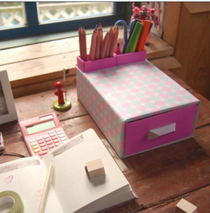 普润 粉蓝圆点桌面收纳盒整理盒 抽屉盒 2个笔筒
