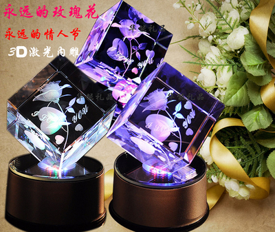 标题优化:创意3D水晶玫瑰花摆件发光内雕音乐盒刻字礼品送女友生日礼物惊喜