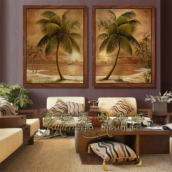 海边风景油画椰子树手绘东南亚装饰画客厅两联挂画玄关壁画有框画