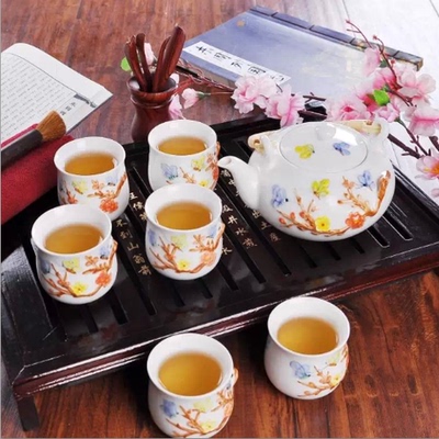 标题优化:景德镇陶瓷器双层防烫7头提梁茶具套装7头功夫茶具茶壶茶杯