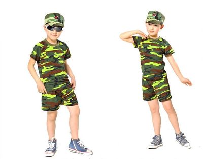 标题优化:儿童短袖迷彩帽子套装小孩军训服幼儿园集体军事夏令营演出服包邮