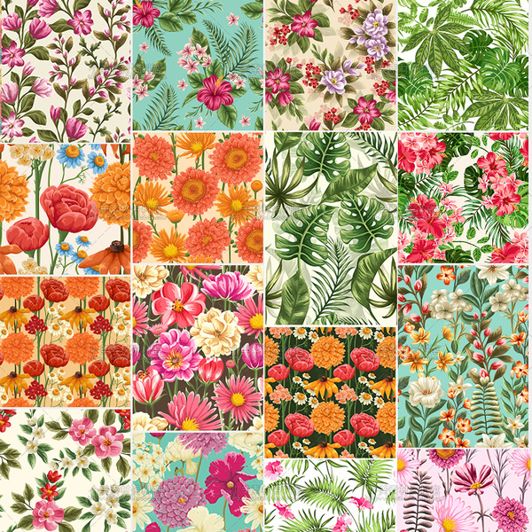 手绘水彩花朵热带植物花卉无缝拼接印花图案装饰插画矢量设计素材