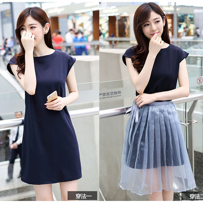 标题优化:2015夏季新款韩版女装松紧雪纺连衣裙两件套欧根纱裙子套装潮包邮