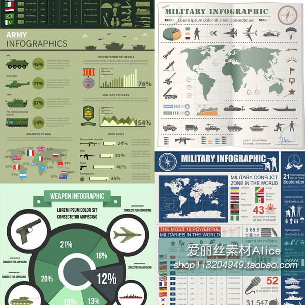 [19]扁平化军事元素信息图海报武器军人插画图表 ai矢量设计素材