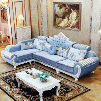 标题优化:简约欧式沙发 L型布艺实木雕花蓝色新古典转角客厅组合家具小户型