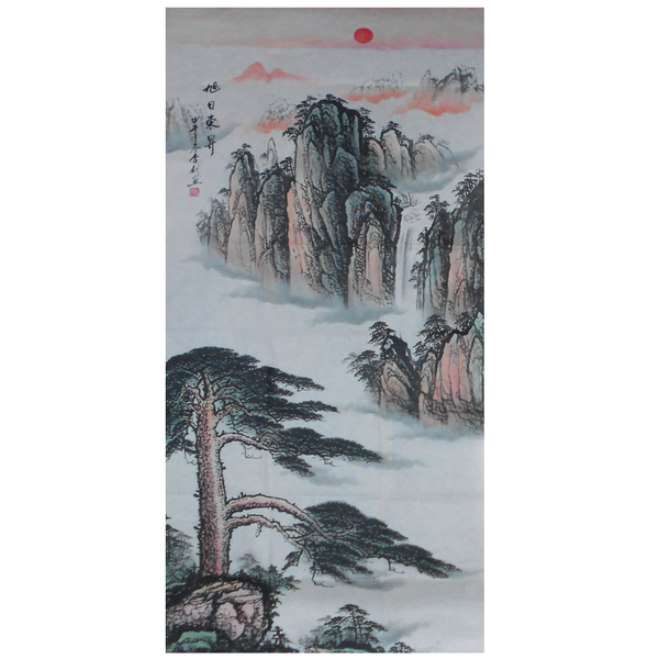 手绘国画风水画 旭日东升迎客松客厅字画 画家手工画真迹水墨竖幅