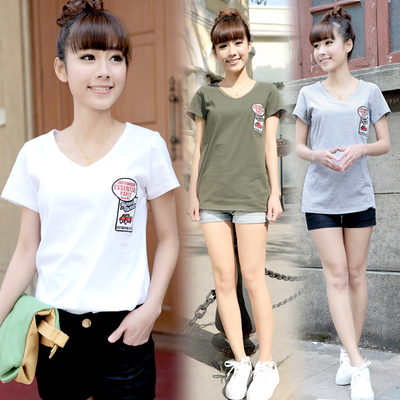 标题优化:韩版夏季新款V领布贴字母纯棉T恤学院时尚舒适短袖