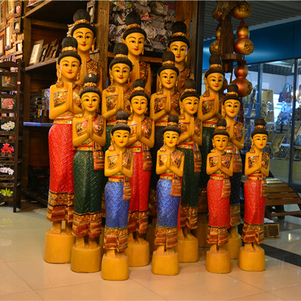 泰国门童萨瓦迪卡工艺品东南亚特色创意实木迎宾女整木侍女摆件
