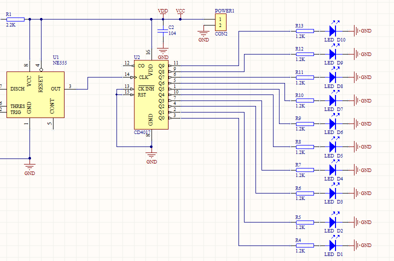 NE555+CD4017��ˮ�� �ṩԭ��ͼ PCB ���� ģ�� ������ˮ��