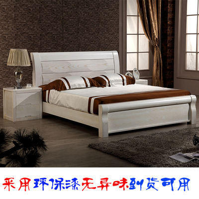 标题优化:榆木双人床白色开放漆全实木床高箱床储物箱体床1.5米1.8m 婚床