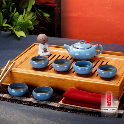 标题优化:景德镇瓷器功夫茶具开片冰裂茶具 普洱 结晶釉茶具 7头冰裂纹茶具