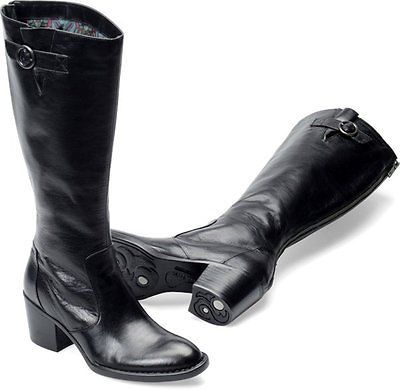美国代购 皮鞋女性 born 马靴 黑色皮革 粗跟高筒靴 性感时尚靴子