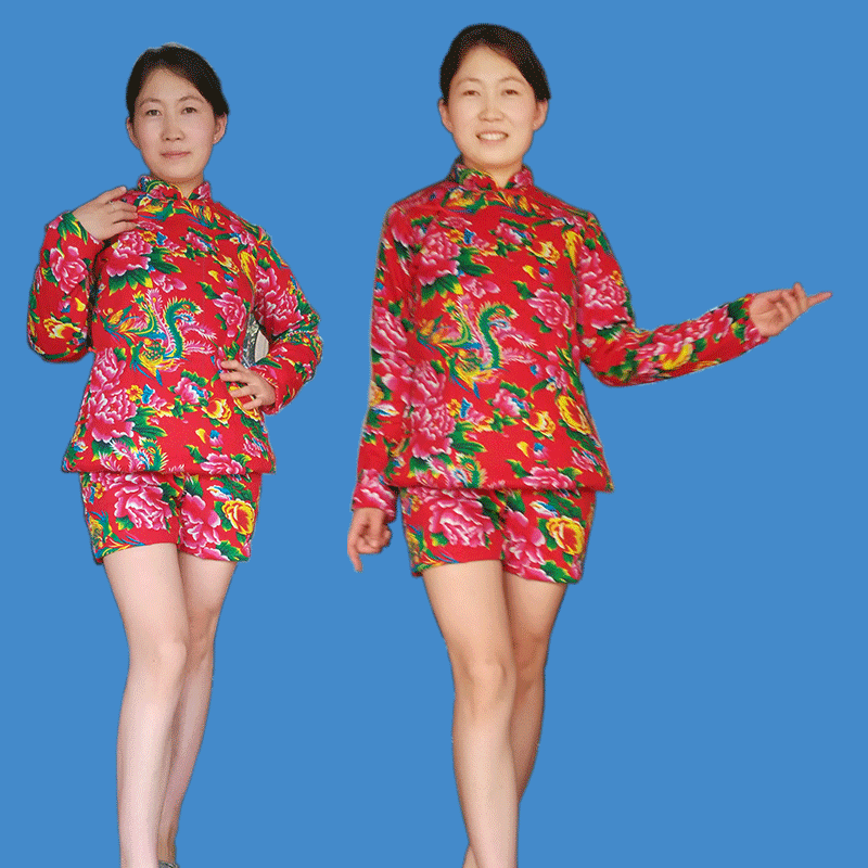 张馨予花袄同款,女神新装东北大花棉衣短裤两件套成人手工结婚装