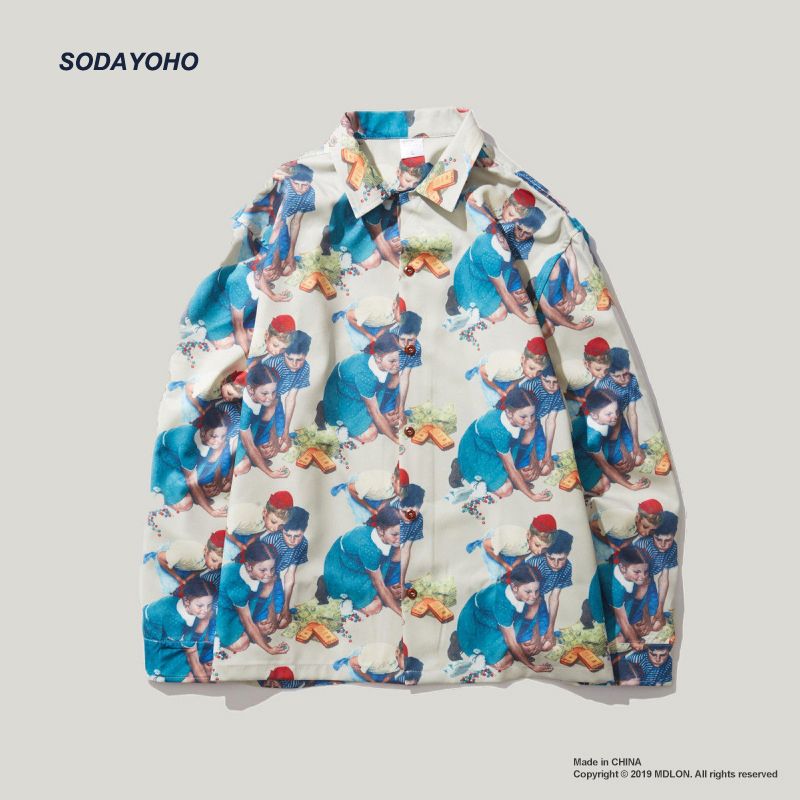 SODAYOHO American loose oil painting print long-sleeved shirt Hong Kong flavor Japanese retro drape couple hip-hop trend