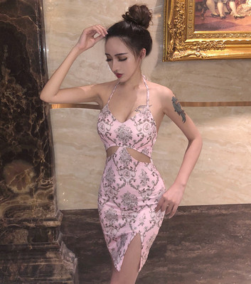 夜店ktv公关佳丽短裙暴露衣服女性感她秘暴漏挂脖露背修身吊带裙-淘宝网