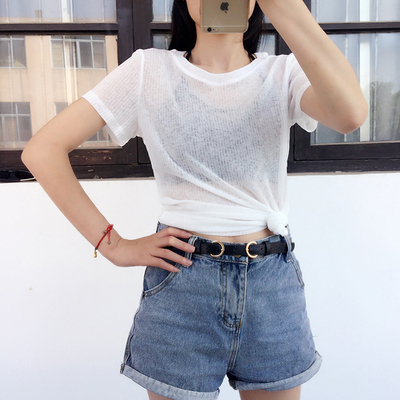 2018夏装新款薄短袖t恤女微透视上衣修身显瘦网纱打底衫内搭半袖-淘宝网