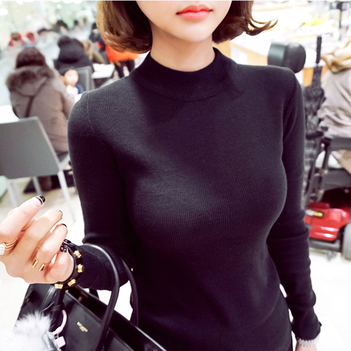 韓版秋鼕新品女裝黑色打底衫半高領毛衣女套頭修身緊身長袖針織衫