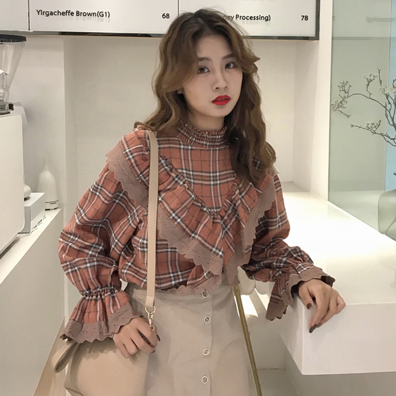 秋鼕女裝2017新款韓版復古立領荷葉邊格子襯衣燈籠袖長袖上衣襯衫