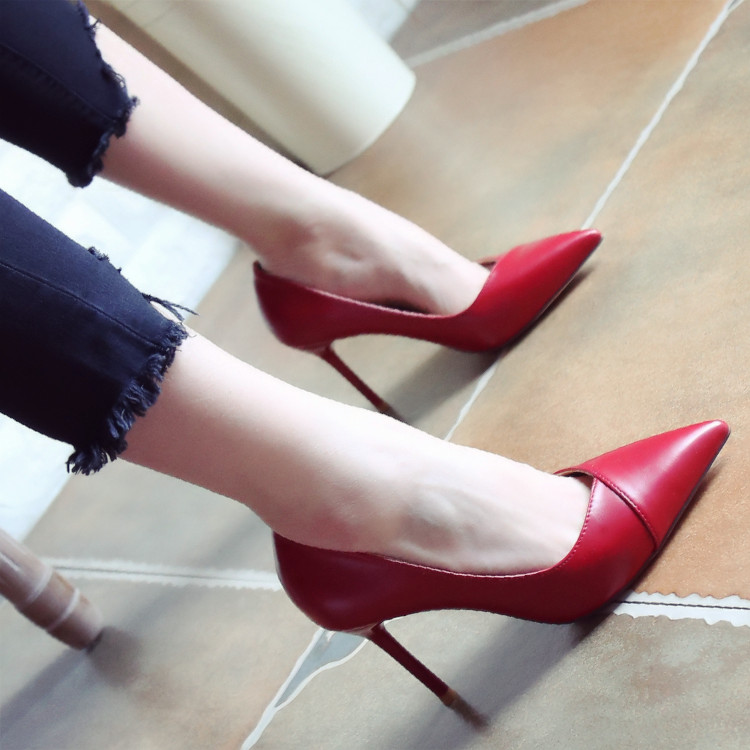 紅色婚鞋2017春季新款歐美風尖頭鞋顯瘦細跟高跟鞋時尚單鞋女鞋子