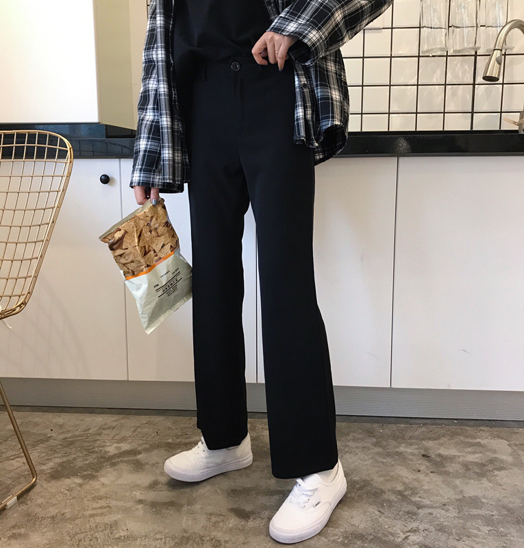 2017秋裝新款韓版時尚高腰寬松純色顯瘦氣質黑百搭西裝直筒褲女