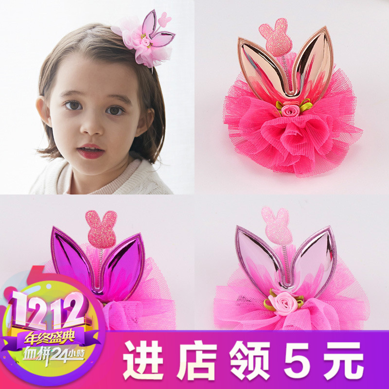 兒童發飾公主發夾女孩兔耳朵蕾絲彈簧女童發卡可愛邊夾寶寶頭飾品
