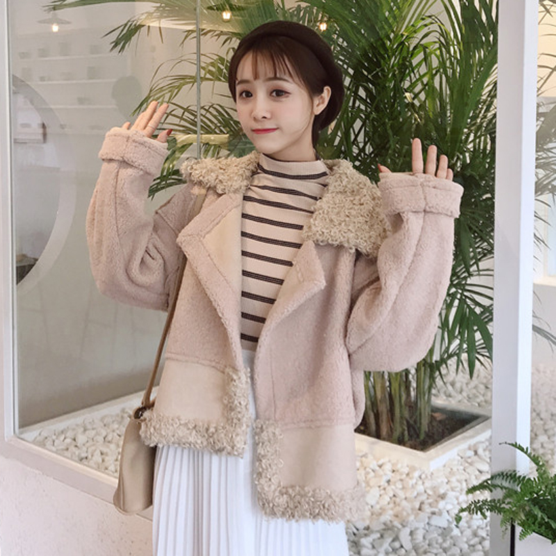 秋鼕女裝2017新款韓版復古皮毛一體機車服仿羊羔毛短外套加厚夾克