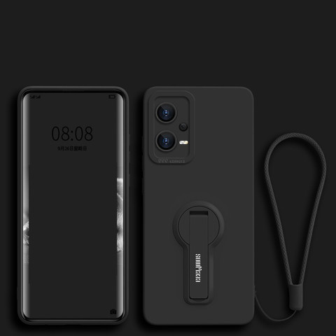 Black — Matte Silicone Kickstand With Wrist Lanyard Strap Note 12, Note 12 Pro, Note 12 Pro+ Phone Case