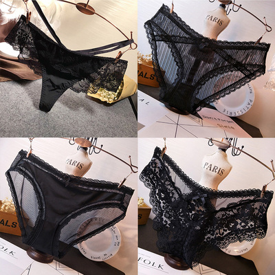 三送一 欧美蕾丝中低腰透明诱惑性感女士内裤舒适纯棉裆三角底裤-淘宝网