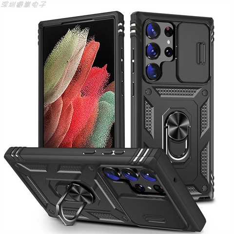 Black — Sliding Camera Lens Protection Ring Kickstand Tough Shockproof S23, S23 Plus, S23 Ultra Samsung Phone Case