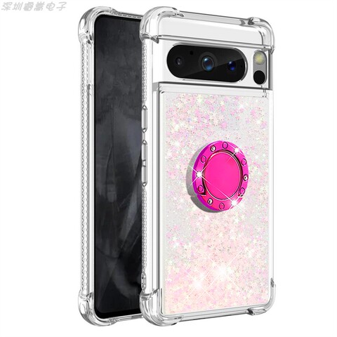 Girls Shiny Liquid Quicksand Glitter Bling Silicone TPU With Ring Finger Holder Kickstand 8, 8 Pro Google Pixel Phone Case