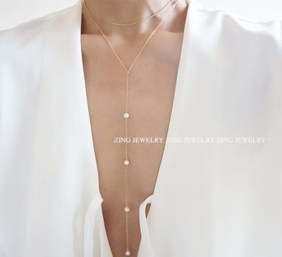 进口14K包金Y字身体链天然淡水珍珠长项链毛衣链手作简约百搭饰品-淘宝网