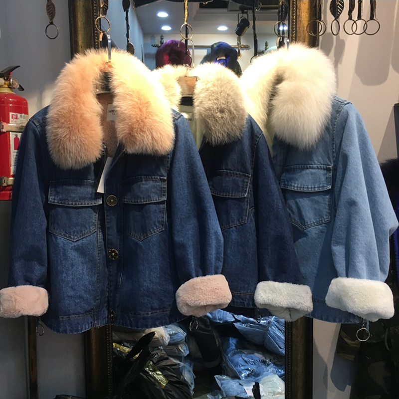 歐洲站2017鼕新款韓版寬松牛仔外套女大毛領加厚加絨羊羔毛短外套