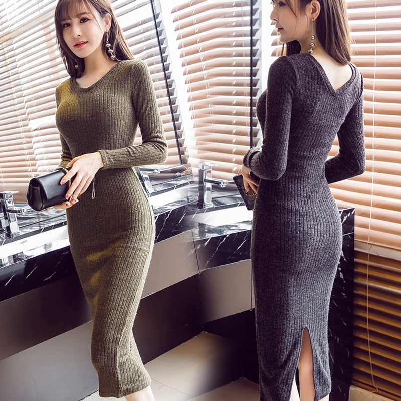 2017秋季韓版新款中長款高腰修身顯瘦新款V領開叉長袖針織連衣裙